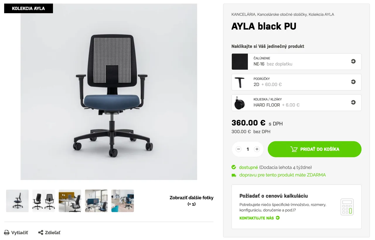 Detail konfigurovateľného produktu jednoducho zobrazuje všetky možnosti voľby